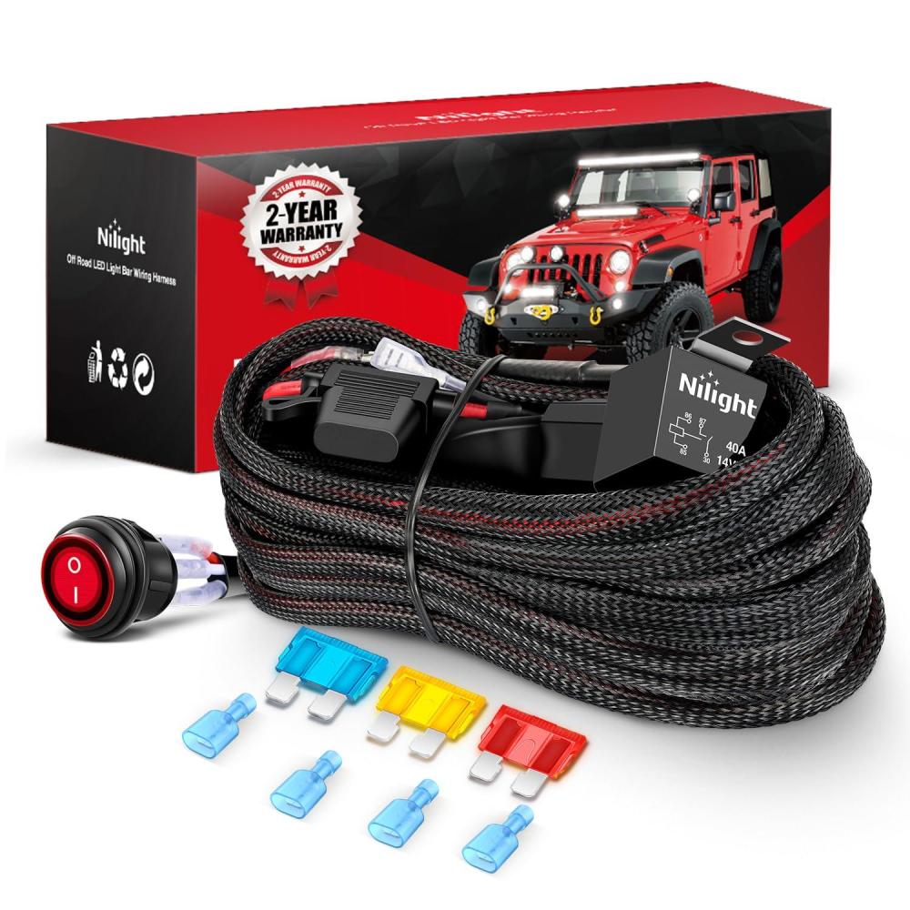 imageNilight Copper LED Light Bar Wiring Harness Kit  1 Lead 12AWG Heavy Duty 12V On Off Switch Power Relay Blade Fuse for Off Road LED Work Light2 Years Warranty14AWG2 LeadNylon Wire Loom