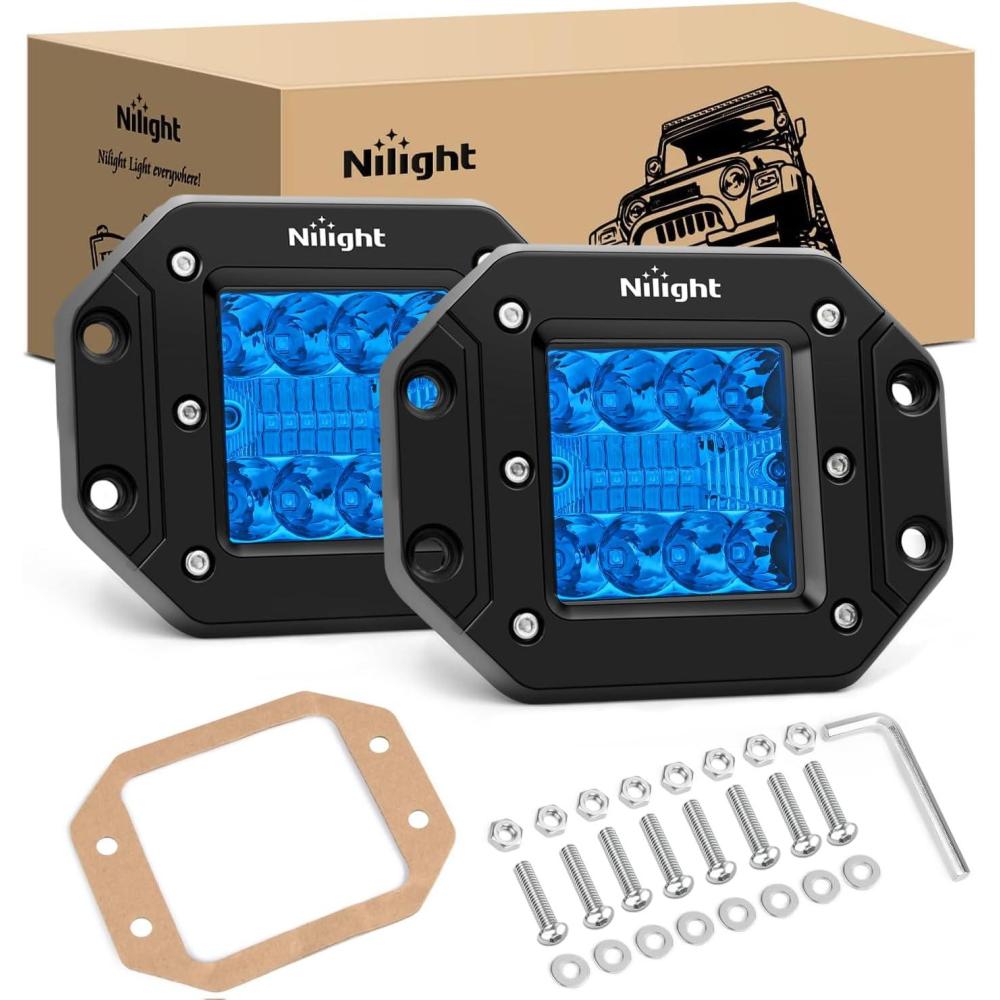 imageNilight Flush Mount LED Light Pods 2 PCS 42 W Amber Upgraded Spot Flood Combo Driving Fog Lights Off Road Lights Bumper LED Work Light for Truck SUV ATV UTV Pickup Van Boat TractorBlue Light