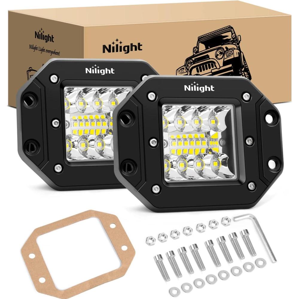 imageNilight Flush Mount LED Light Pods 2 PCS 42 W Amber Upgraded Spot Flood Combo Driving Fog Lights Off Road Lights Bumper LED Work Light for Truck SUV ATV UTV Pickup Van Boat Tractor2Pcs 42W LED Pods