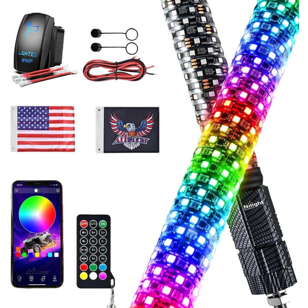 imageNilight LED Fat Whip Light 2PCS 1FT RGB Lighted Antenna Whips with Remote ampamp App Control DIY Chasing Patterns Brake Reverse Turn Lights for ATV UTV Polaris RZR Canam Dune Buggy Pickup Trucks Jeep3FT1PC