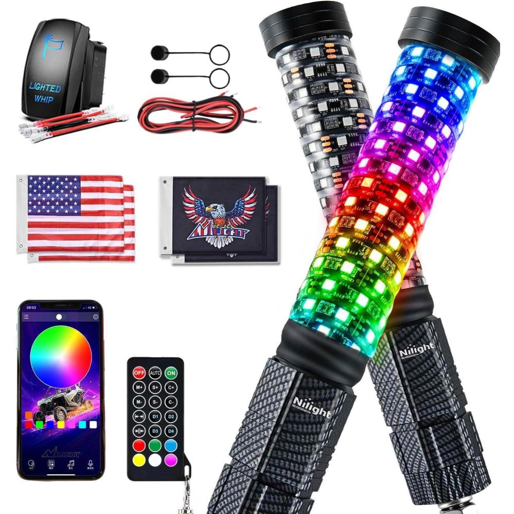 imageNilight LED Fat Whip Light 2PCS 1FT RGB Lighted Antenna Whips with Remote ampamp App Control DIY Chasing Patterns Brake Reverse Turn Lights for ATV UTV Polaris RZR Canam Dune Buggy Pickup Trucks Jeep1FT2PCS