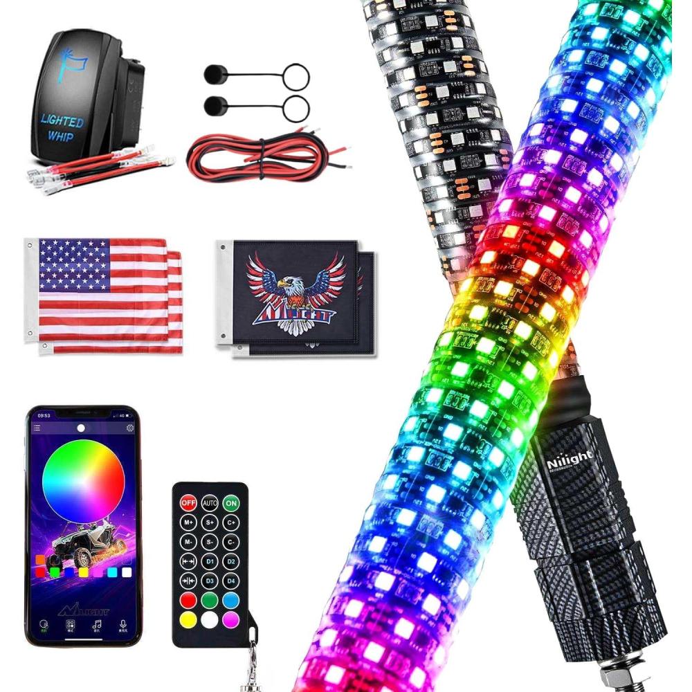 imageNilight LED Fat Whip Light 2PCS 1FT RGB Lighted Antenna Whips with Remote ampamp App Control DIY Chasing Patterns Brake Reverse Turn Lights for ATV UTV Polaris RZR Canam Dune Buggy Pickup Trucks Jeep3FT2PCS