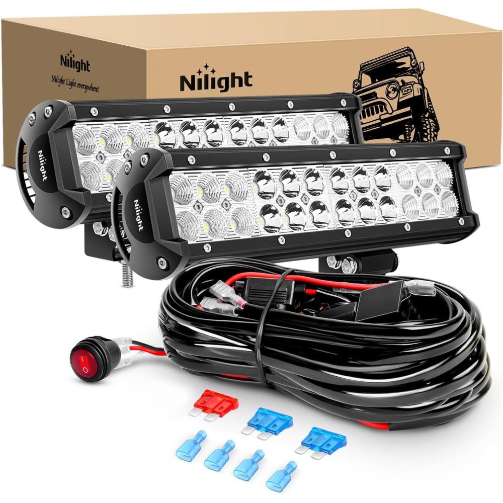 imageNilight LED Light Bar 12 Inch 72W Spot Flood Combo Off Road Lights Driving Fog Led Pods Lights with 16AWG Wiring Harness Kit2 Leads for Van Camper Car Pickup Golf Cart ATV UTV SUV Truck Boat 4x472W Light 2Pcs  Wiring harness