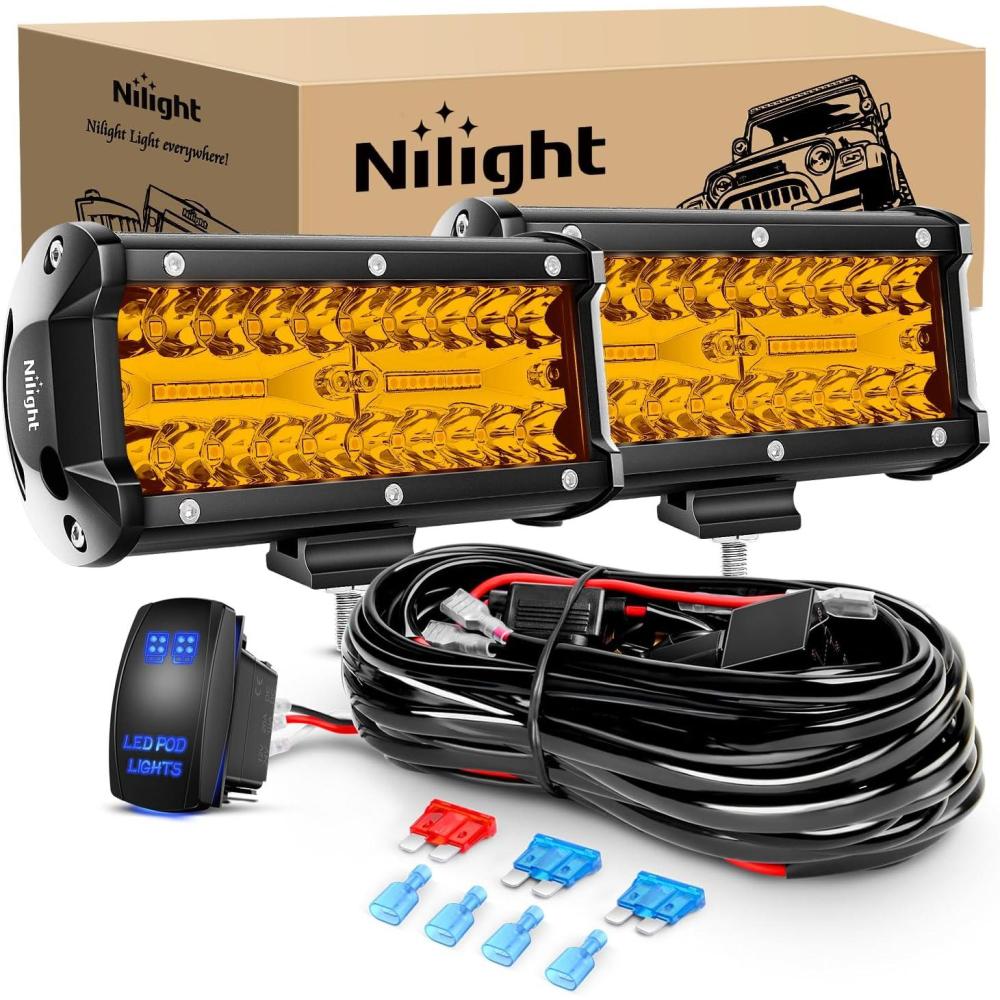 imageNilight LED Light Bar 2PC 65Inch 120W Flood Spot Combo Triple Row Driving Lamp Roof Bumper Off Road Work Lights for Van Camper Wagon Car Pickup Golf Cart ATV UTV SUV Truck Boat 4x4Amber Led Pods  Wiring