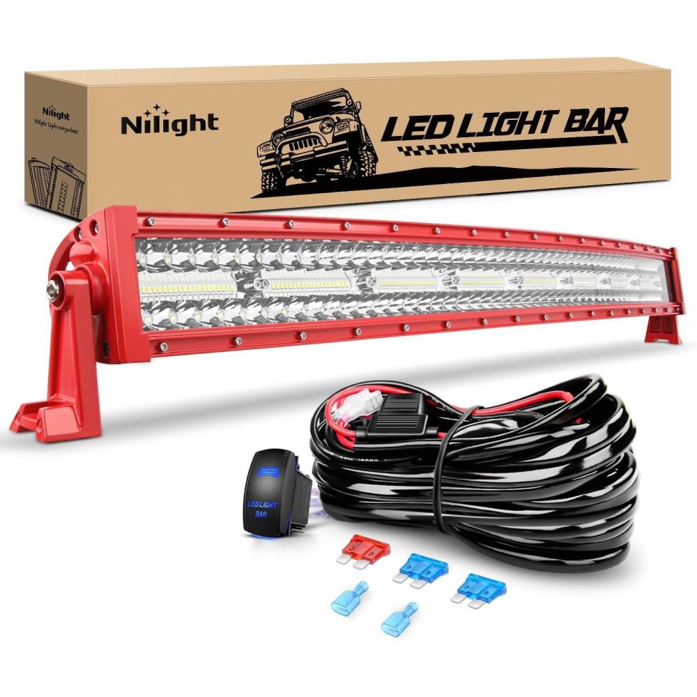 imageNilight LED Light Bar 33Inch Triple Row Spot Flood Combo Lights Red Shell with Wiring Harness Kit for Fog Driving Work Lighting on OffRoad Truck SUV ATV UTV33Inch 256LEDs Curved Red Shell Wiring harness