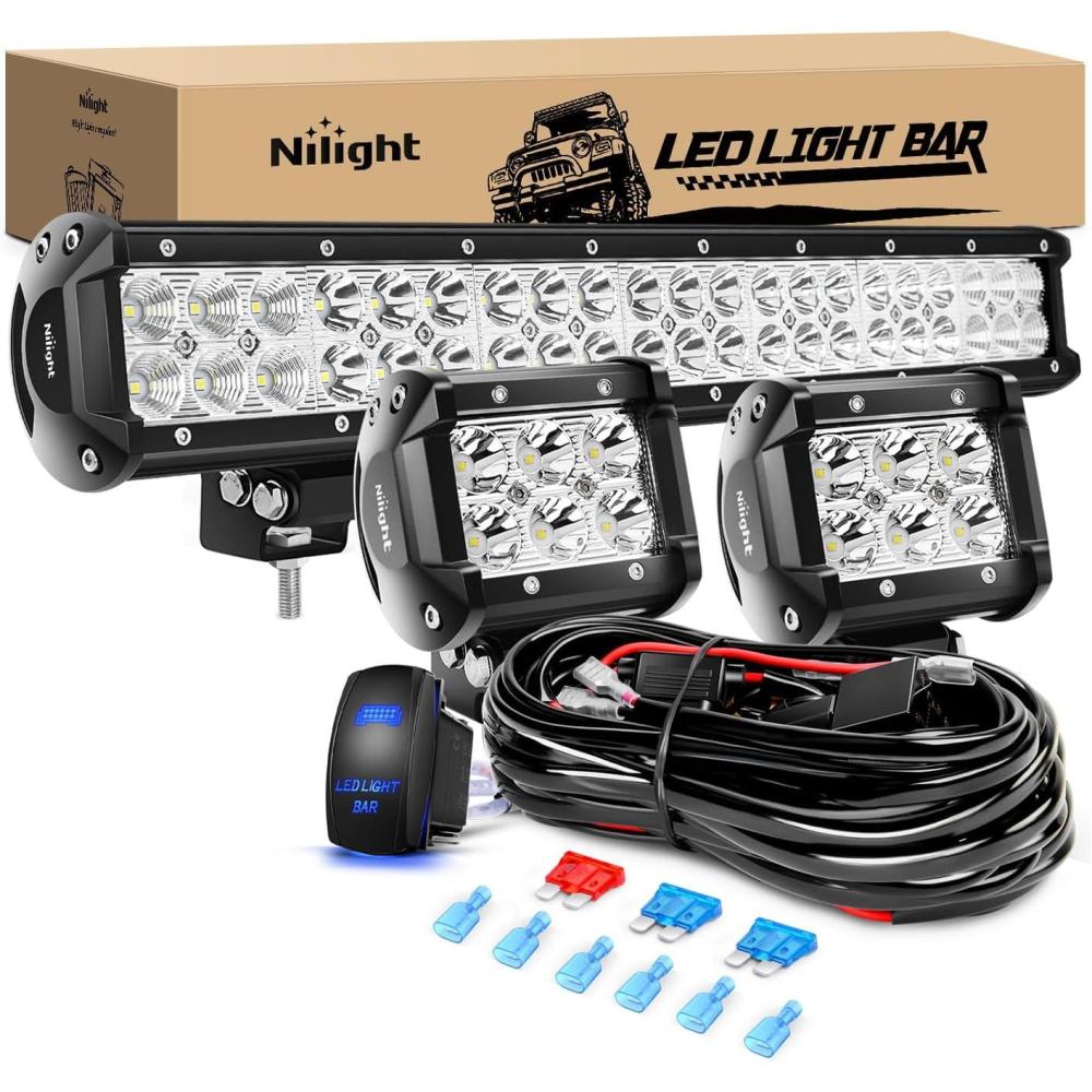 imageNilight LED Light Bar 9Inch 54W 3600LM Spot Off Road Driving Lamp Super Bright Waterproof Fog Work Lighting for Trucks SUV ATV UTV Pickup Boat Tractor 4x4 Van Camper126W Light 2Pcs 18W LED Pods Wiring Harness