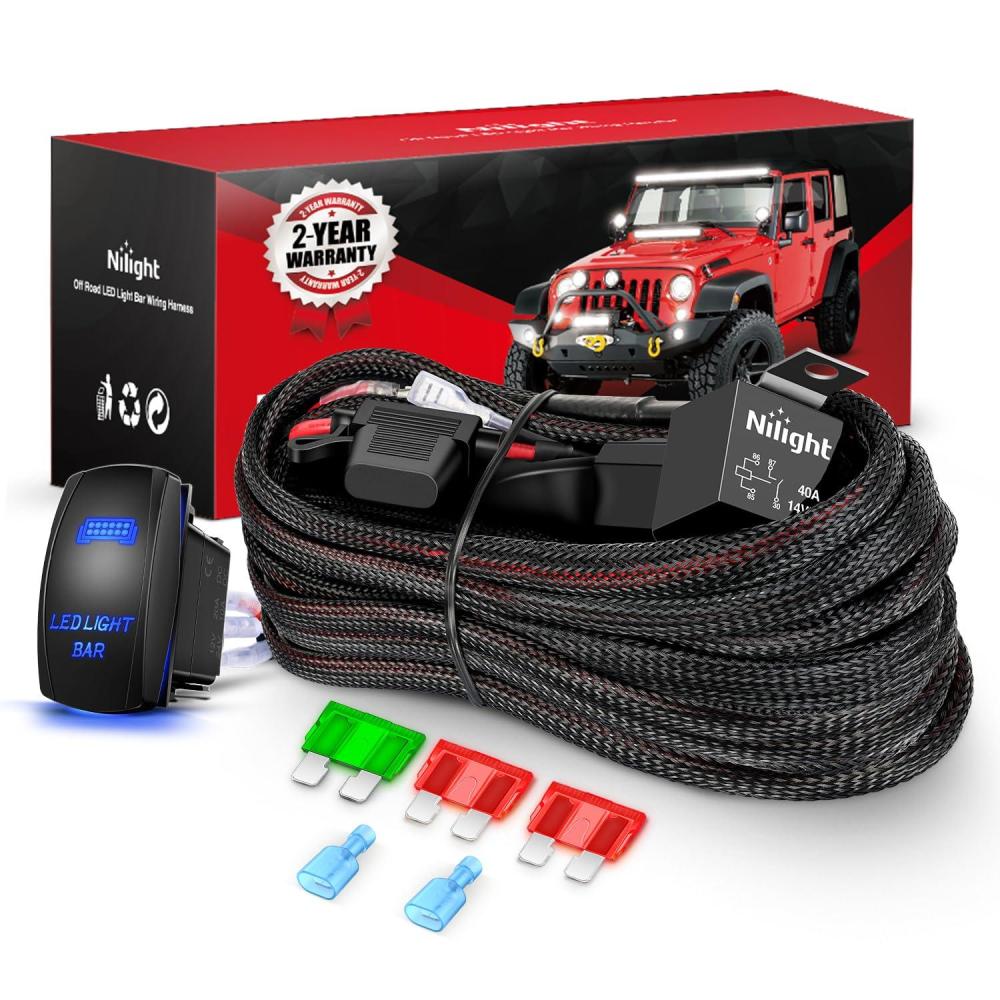 imageNilight LED Light Bar Wiring Harness Kit 12AWG Heavy Duty 12V 5Pin Rocker Switch Laser On Off Waterproof Switch Power Relay Blade Fuse2 Lead 10038W12AWG1 Lead w Nylon Wire Loom