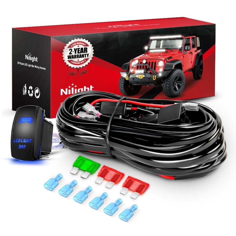 imageNilight LED Light Bar Wiring Harness Kit 12AWG Heavy Duty 12V 5Pin Rocker Switch Laser On Off Waterproof Switch Power Relay Blade Fuse2 Lead 10038W12AWG3 Leads