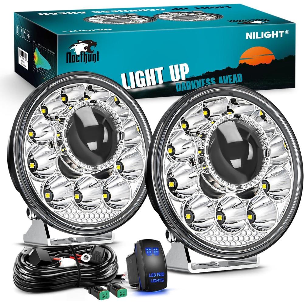 imageNilight LED Light Pods 575 Inch 12LED Round Offroad Driving Lights 2 PCS night vision Super Bright Spotlights w16AWG Rocker Switch Wiring Harness Kit for Truck ATV UTV575Inch 12Led Light Pods Wiring Kit