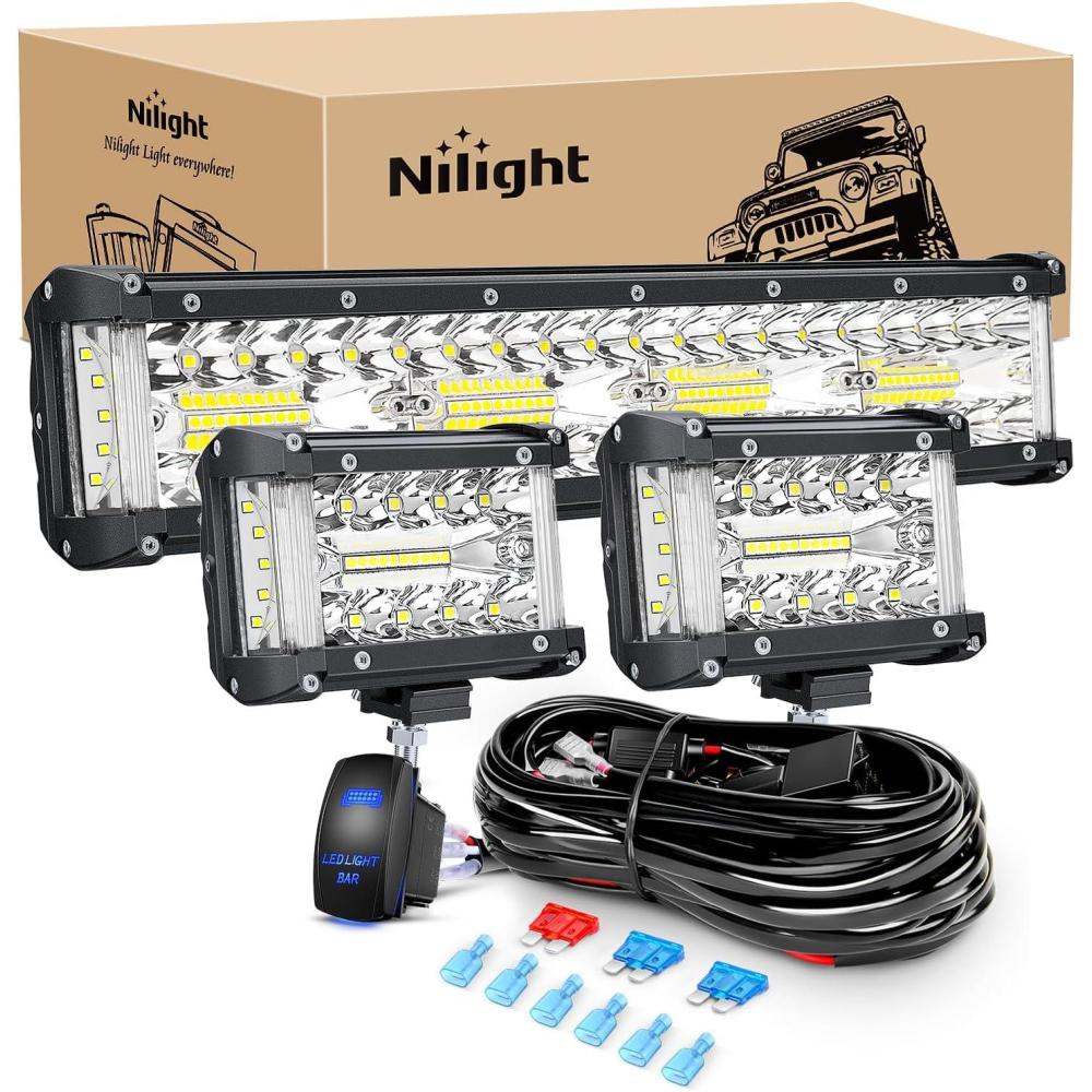 imageNilight Led Light Bar 12Inch 300W Triple Row Flood Spot Combo 30000LM Bar Driving Boat Lighting Led Off Road Lights for Trucks2 Years WarrantyWhite Side Shooter Light PodsWiring Harness