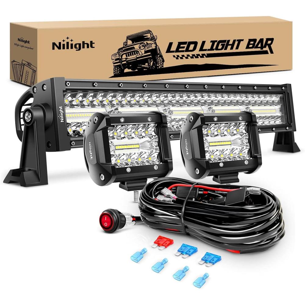 imageNilight Led Light Bar 22Inch 480W Triple Row Flood Spot Off Road Driving Lights 2PCS 4 Inch 60W Cube LED Pods Lights with OffRoad Wiring Harness3 Leads for Boat Truck UTV ATV 2 Year WarrantyWhite 1 Mode