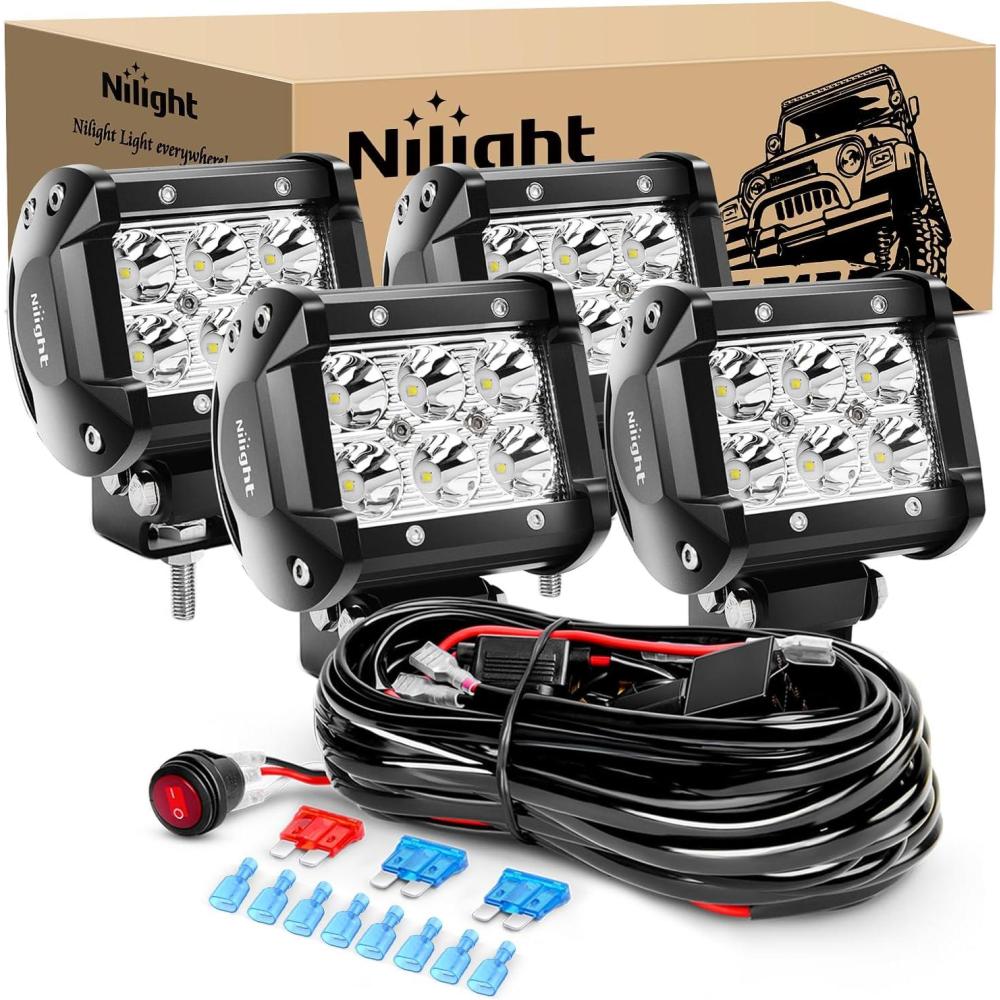 imageNilight Led Pods 2PCS 4 Inch 18W Spot LED Light Bar Off Road Lights Driving Fog Lights with 16AWG Wiring Harness Kit2 Leads for Van Camper Car Pickup Golf Cart ATV UTV SUV Truck Boat 4x4Led Pods 4PcsWiring Harness
