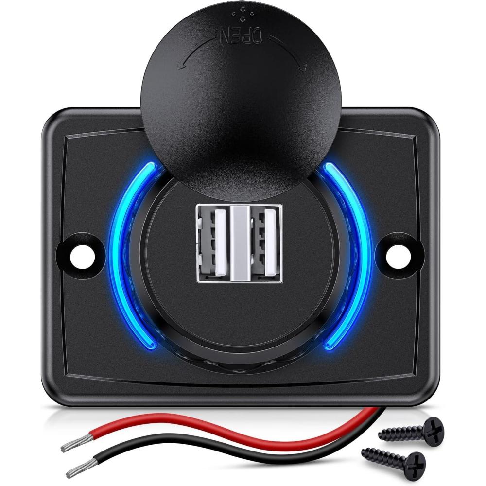 imageNilight Quick USB Outlet Socket 12V 24V Dual USBs Connector 5V 48A Car Outlets with Waterproof Cover Rotating Cap LED Light for Cars Trucks Motorcycle RVs CampersDual USB