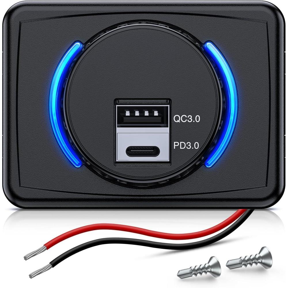 imageNilight Quick USB Outlet Socket 12V 24V Dual USBs Connector 5V 48A Car Outlets with Waterproof Cover Rotating Cap LED Light for Cars Trucks Motorcycle RVs CampersUSBPD Type C