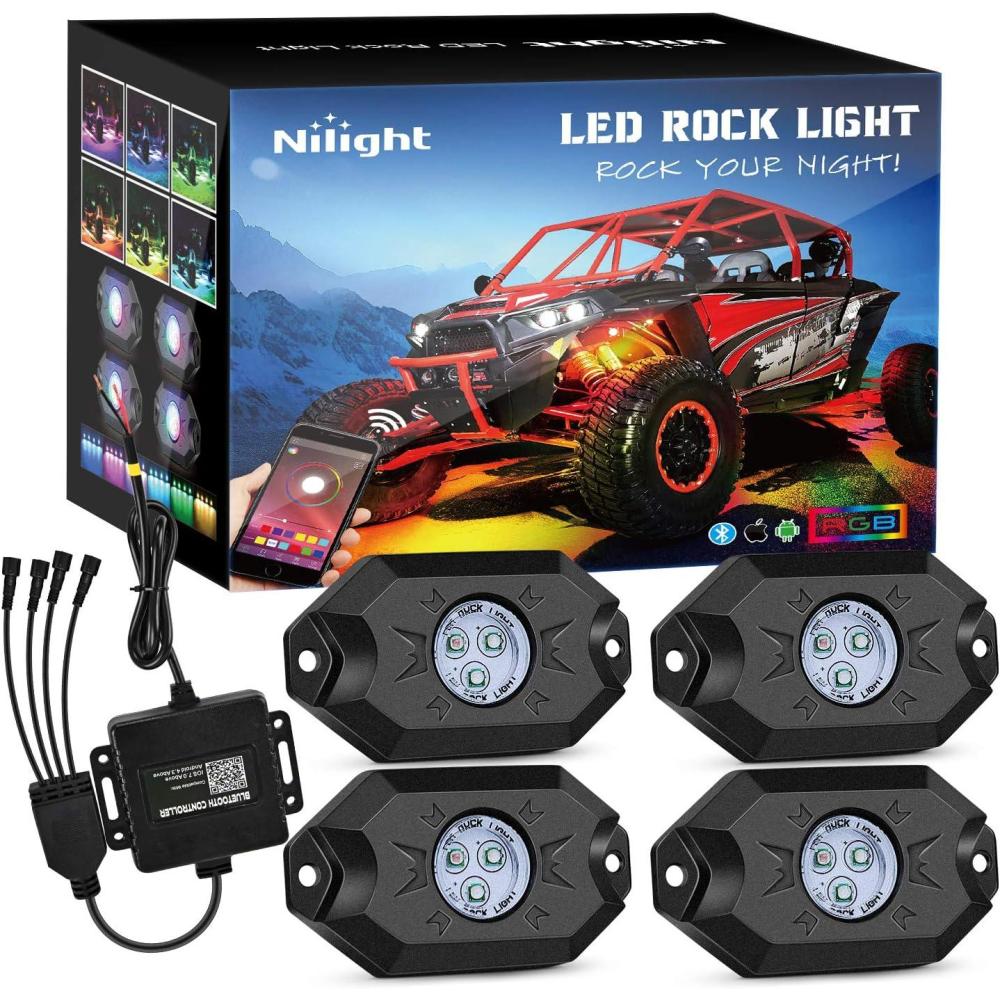imageNilight RGB LED Rock Lights Kit 8 pods Underglow Neon Multicolor with Bluetooth App Control Music Mode IP68 Exterior Wheel Well Party Lamp for ATV UTV Golf Cart Truck Boat RVRGB Red  Green  Blue