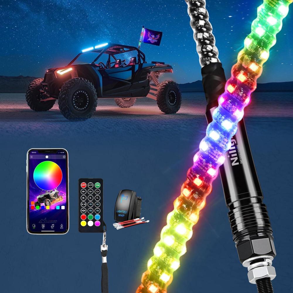 imageNilight RGB Whip Light 1PC 2FT Lighted Antenna Whips with Remote ampamp App Control DIY Chasing Patterns Brake Reverse Lights for ATV UTV Polaris RZR Canam Dune Buggy Pickup Trucks Jeep