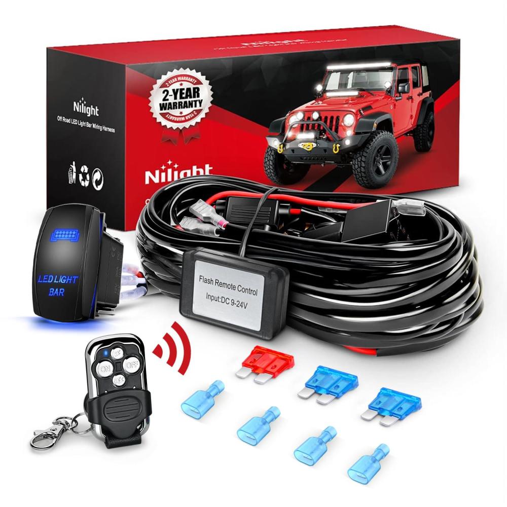 imageNilight Remote Wiring Harness for LED Light Bar Wireless Strobe Flash Work Driving Lights 12V 15A 16AWG Controller 5PIN Switch Waterproof Power Relay Blade Fuse2 Leads16AWG2 Lead Remote Flash 5PIN Switch