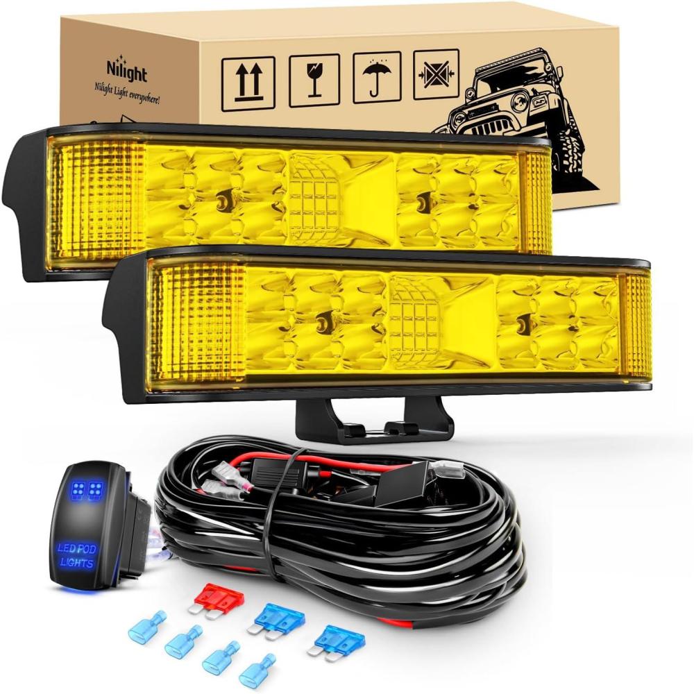 imageNilight Side Shooter LED Light Bar 2PCS 65 Inch 60W Flood Spot Beam Combo Fog Driving Pods 16AWG 5Pin Rocker Switch Wiring Harness Kit for Truck ATV UTV Boat60W Amber Side Shooter Light  Wiring Harness
