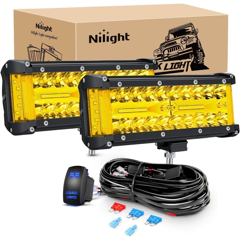 imageNilight Side Shooter LED Light Bar 2PCS 7 Inch Triple Row Spot Flood Combo Yellow Beam Pods with 5Pin Rocker Switch Wiring Harness Kit for Off Road Lighting on Truck SUV ATV UTVYellow Side Shooter Pods  Wiring