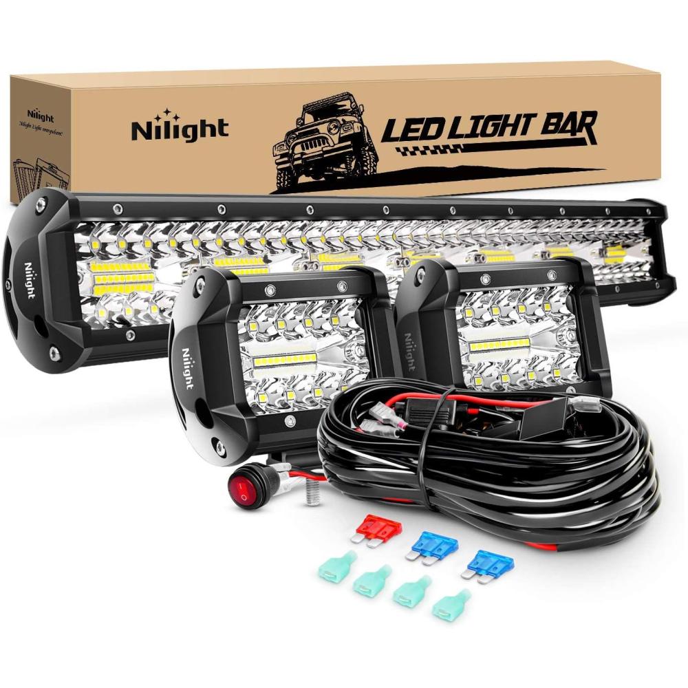 imageNilight Side Shooter LED Light Bar Set 20 Inch Triple Row Spot Flood Combo Lights 2PCS 43quot Pods with 5Pin Rocker Switch Wiring Harness Kit for Truck SUV ATV UTV20Inc Lights2Pcs 4Inch LightsWiring Harness