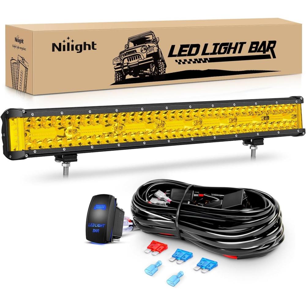 imageNilight Side Shooter LED Light Bar Set 20 Inch Triple Row Spot Flood Combo Lights 2PCS 43quot Pods with 5Pin Rocker Switch Wiring Harness Kit for Truck SUV ATV UTVYellow Side Shooter Light  Wiring Harness