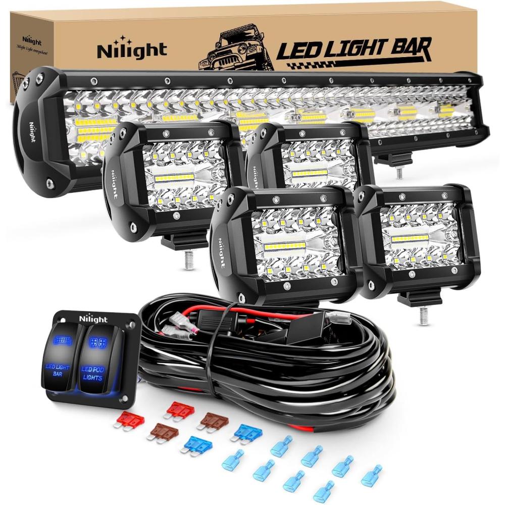 imageNilight Side Shooter LED Light Bar Set 20 Inch Triple Row Spot Flood Combo Lights 2PCS 43quot Pods with 5Pin Rocker Switch Wiring Harness Kit for Truck SUV ATV UTV20Inc Lights4Pcs 4Inch LightsWiring Harness
