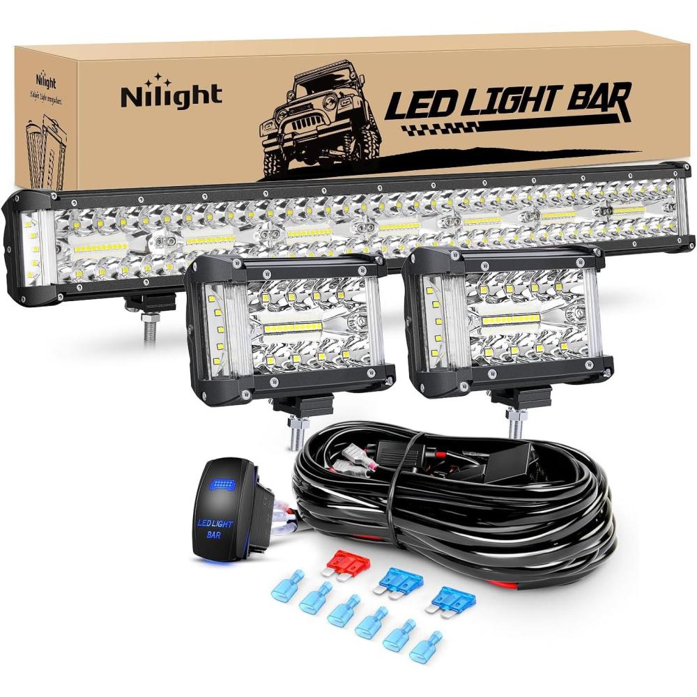 imageNilight Side Shooter LED Light Bar Set 20 Inch Triple Row Spot Flood Combo Lights 2PCS 43quot Pods with 5Pin Rocker Switch Wiring Harness Kit for Truck SUV ATV UTVWhite Side Shooter Light PodsWiring Harness