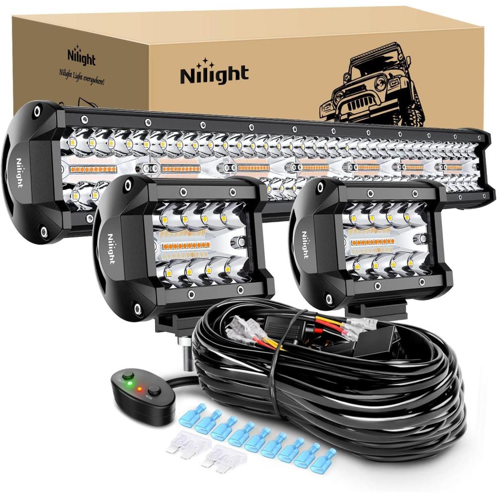 imageNilight Side Shooter LED Light Bar Set 20 Inch Triple Row Spot Flood Combo Lights 2PCS 43quot Pods with 5Pin Rocker Switch Wiring Harness Kit for Truck SUV ATV UTVAmberWhite 6 Modes