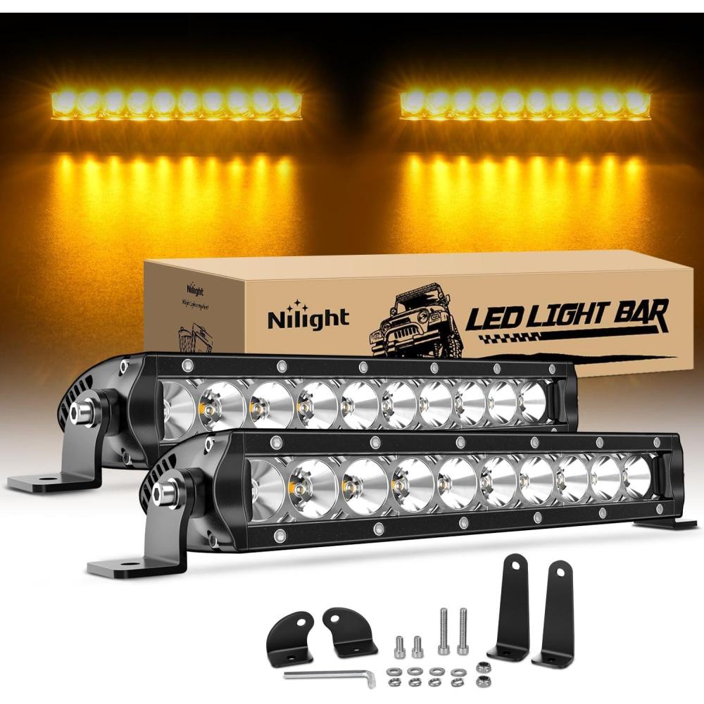 imageNilight Slim LED Light Bar 2PCS 11 Inch 26LED Single Row Spot Flood Combo Fog Driving Work Lighting Roof Bumper Lamp Offroad for 4x4 Trucks SUV ATV UTV11 Inch Amber Light