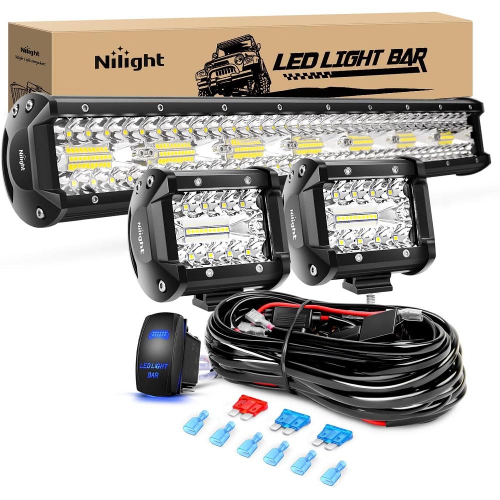 imageNilight ZH409 20 Inch 420W Triple Row Flood Spot Combo 42000LM LED Light Bar with Heavy Duty OffRoad Wiring Harness 2 Years Warranty WhiteWhite