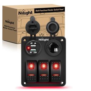 imageNilight  90115C 3 Gang Rocker Switch Panel Waterproof PreWired Aluminum Switch Panel with Dual USB Charger Socket ampamp Cigarette Lighter Socket 12V 24VDC ON Off Switch Panel for Cars Rvs TrucksRed