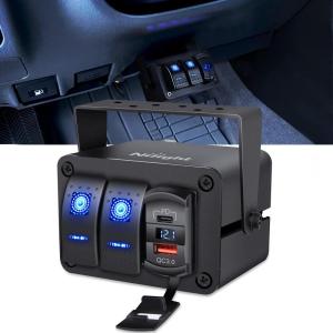 imageNilight  90116C 2 Gang Rocker Switch Panel with 48 Amp Dual USB Charger Voltmeter Waterproof 12V24V DC Rocker Switch with Night Glow Stickers for CarsTrucks Boats RVsBlueBlueBox