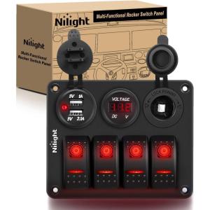 imageNilight  90117G 4 Gang Rocker Switch Panel Waterproof PreWired Aluminum Switch Panel with Dual USB Cigarette Lighter Socket Voltmeter12V24V DC ON Off Switch Panel for Cars Rvs Trucks BlueRed