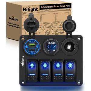 imageNilight  90117G 4 Gang Rocker Switch Panel Waterproof PreWired Aluminum Switch Panel with Dual USB Cigarette Lighter Socket Voltmeter12V24V DC ON Off Switch Panel for Cars Rvs Trucks BlueType C  USB Blue