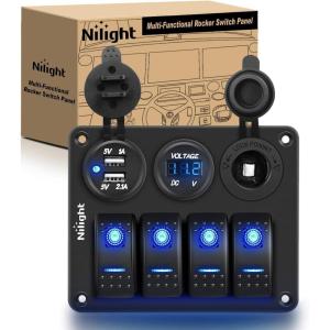imageNilight  90117G 4 Gang Rocker Switch Panel Waterproof PreWired Aluminum Switch Panel with Dual USB Cigarette Lighter Socket Voltmeter12V24V DC ON Off Switch Panel for Cars Rvs Trucks BlueBlue