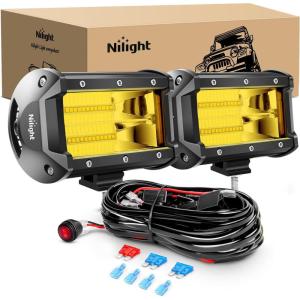 imageNilight  ZH304 Led Light Bar 2PCS 5Inch 72W 10800Lumens Yellow Flood Beam Fog Driving Lamps OffRoad Lights with 16AWG Wiring Harness Kit2 Lead 2 Year warranty5Inch