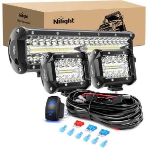imageNilight 12Inch 300W LED Light Bar Spot Flood Amber White Strobe 6 Modes with Memory Function OffRoad Truck Car ATV SUV Cabin Boat with 16AWG Wiring Harness Kit1 Lead12Inch White Lights  Led Pods  Wiring