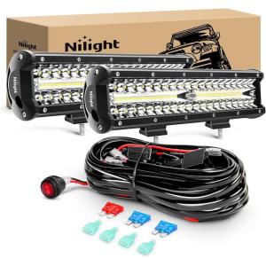 imageNilight 12Inch 300W LED Light Bar Spot Flood Amber White Strobe 6 Modes with Memory Function OffRoad Truck Car ATV SUV Cabin Boat with 16AWG Wiring Harness Kit1 Lead2PCS White Lights Wiring