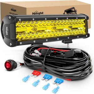 imageNilight 12Inch 300W LED Light Bar Spot Flood Amber White Strobe 6 Modes with Memory Function OffRoad Truck Car ATV SUV Cabin Boat with 16AWG Wiring Harness Kit1 Lead1PC Amber Lights Wiring