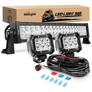 imageNilight 22Inch 480W LED Light Bar Spot Flood Amber White Strobe 6 Modes Memory Function Reset Function OffRoad Truck Car ATV SUV Cabin Boat with 16AWG Wiring Harness Kit1 Lead120W Light 2Pcs 18W LED Pods Wiring Harness