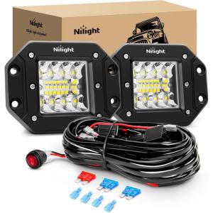 imageNilight 2PCS 42W Flush Mount Amber LED Light Pods Upgraded Spot Flood Combo Beam Driving Light LED Work Light with 16AWG Wiring Harness Kit2 LeadsWhite