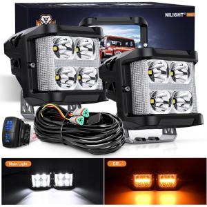 imageNilight 3 Inch Cube LED Pod Light Bar 20W 2100LM Super Flood ScrewLess Offroad Driving Work Lights w16AWG DT Wiring Harness Kit for Truck UTV 4x4 ATV Motorcycle4LED Sideshooter Spot Pod w Amber DRL