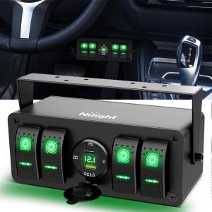 imageNilight 4 Gang Rocker Switch Panel with QC30 Dual USB Charger Voltmeter Waterproof and Night Glow Stickers 12V24V DC for Cars Trucks Boats RVType C  USB  Box Green