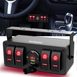 imageNilight 4 Gang Rocker Switch Panel with QC30 Dual USB Charger Voltmeter Waterproof and Night Glow Stickers 12V24V DC for Cars Trucks Boats RVType C  USB  Box Red