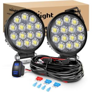 imageNilight 45Inch 42W 4200LM Amber LED Light Pods Round Flood Lights for Off Road Roof ampamp Fog  16AWG Wiring Harness Kit2 Leads2Pcs LED Pods Wiring Harness