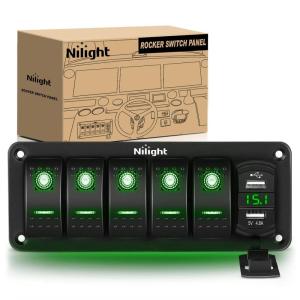 imageNilight 5 Gang Rocker Switch Box 12V SPST ON Off Switches PD Type C and QC 30 USB Charger Voltmeter Waterproof Aluminum Panel DIY Stickers for Boats Cars RVs TrucksDual USB Green