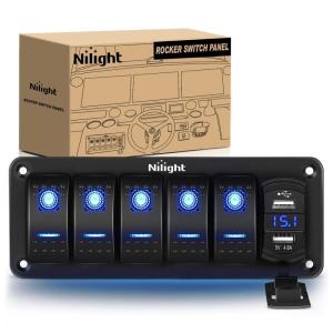 imageNilight 5 Gang Rocker Switch Box 12V SPST ON Off Switches PD Type C and QC 30 USB Charger Voltmeter Waterproof Aluminum Panel DIY Stickers for Boats Cars RVs TrucksDual USB Blue
