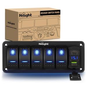 imageNilight 5 Gang Rocker Switch Box 12V SPST ON Off Switches PD Type C and QC 30 USB Charger Voltmeter Waterproof Aluminum Panel DIY Stickers for Boats Cars RVs TrucksType C USB Blue