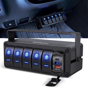 imageNilight 5 Gang Rocker Switch Box 12V SPST ON Off Switches PD Type C and QC 30 USB Charger Voltmeter Waterproof Aluminum Panel DIY Stickers for Boats Cars RVs TrucksType C USB Box Blue