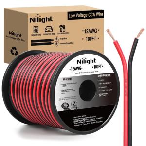 imageNilight 50FT 16AWG Copper Clad Aluminum Wire 162 Gauge Red Black CCA Electrical Cable 2 Conductor Parallel 12V24V DC Flexible Extension Cords for Car Audio Radio Speaker Amplifier12AWG100FT